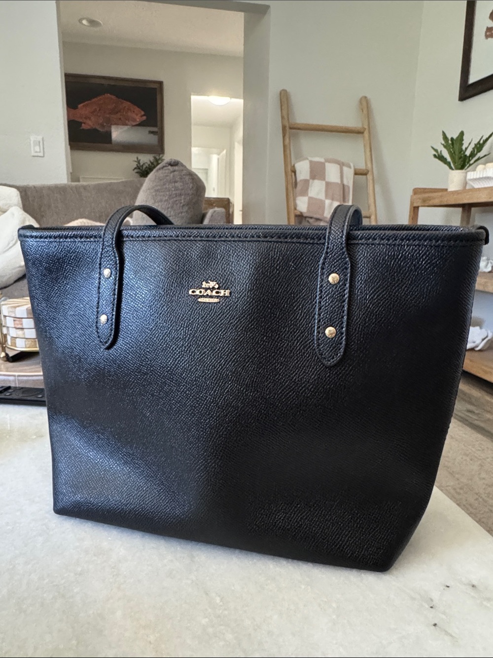 Coach Black Pebbled Leather Tote with Gold Logo